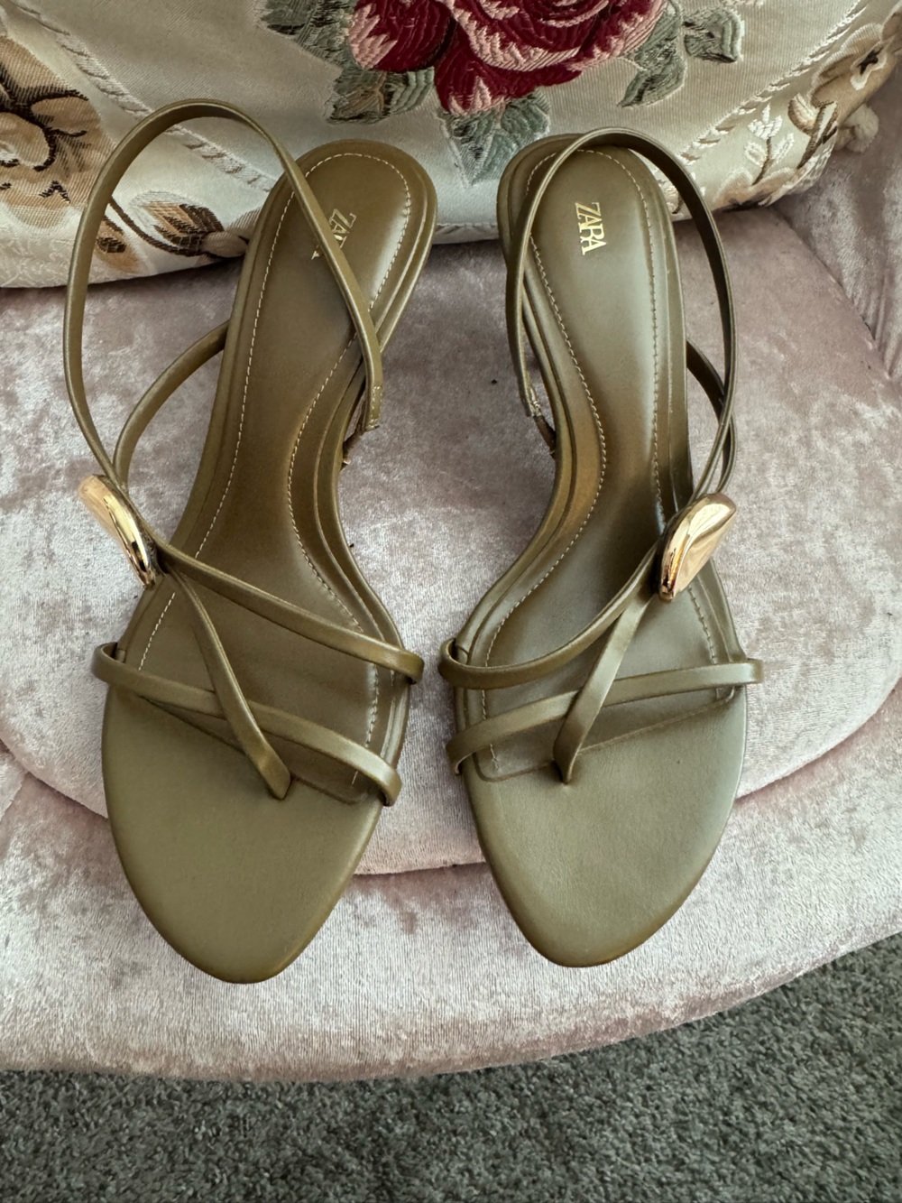 Zara Olive Green Strappy Sandals with Gold Detail